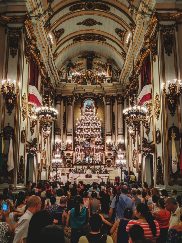 Interior of catholic church with worships